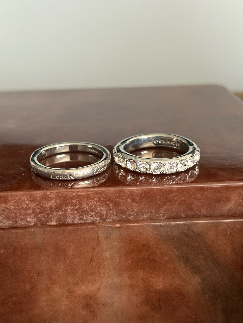 Coach Women's Ring Set Silver Rhinestone Band-set of two